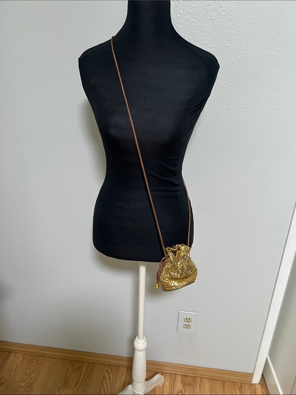 Gold Sequin Drawstring Crossbody Purse Evening Bag Glam Sparkle